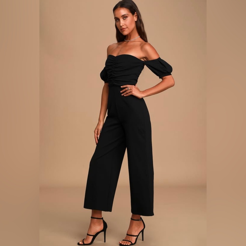 Lulus Impress Release Black Off The Shoulder Puff Sleeve Jumpsuit